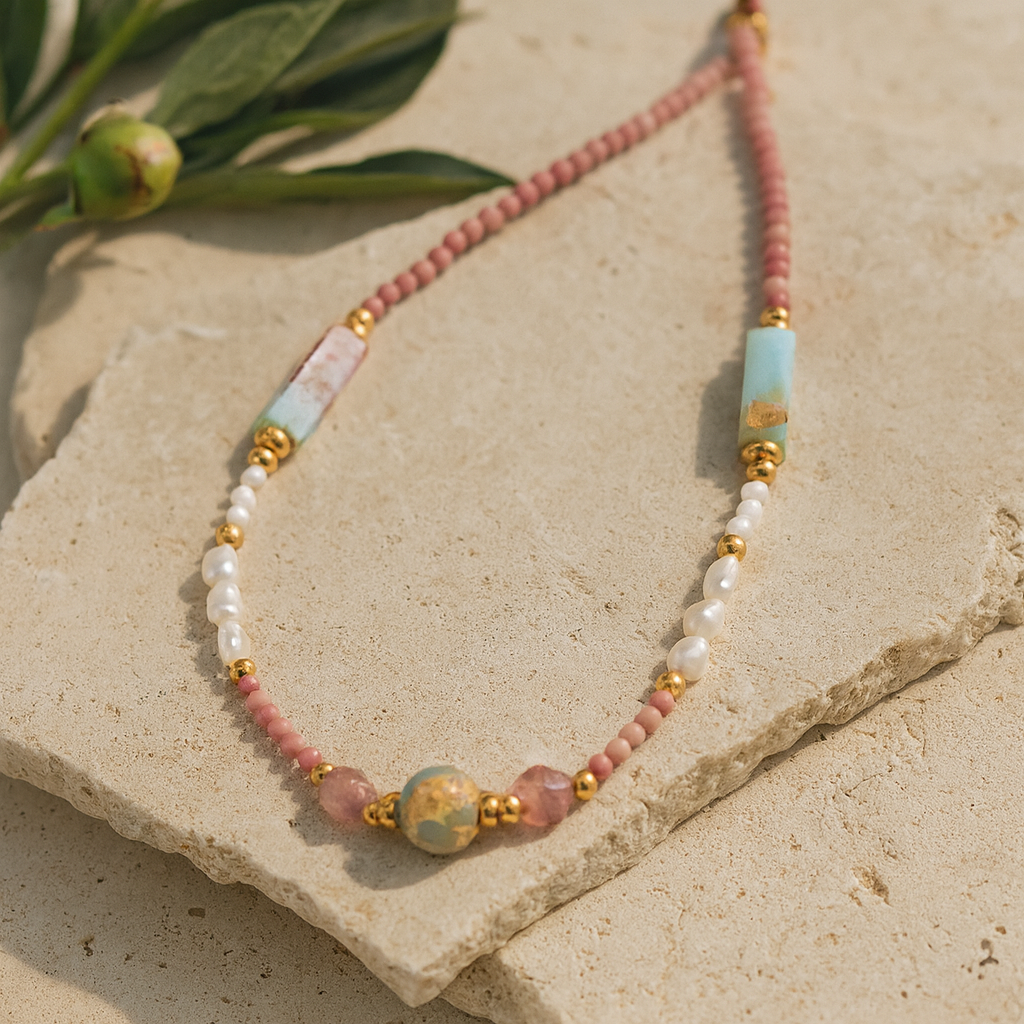 Aurora Rosa – Naturstein & Perlen Kette