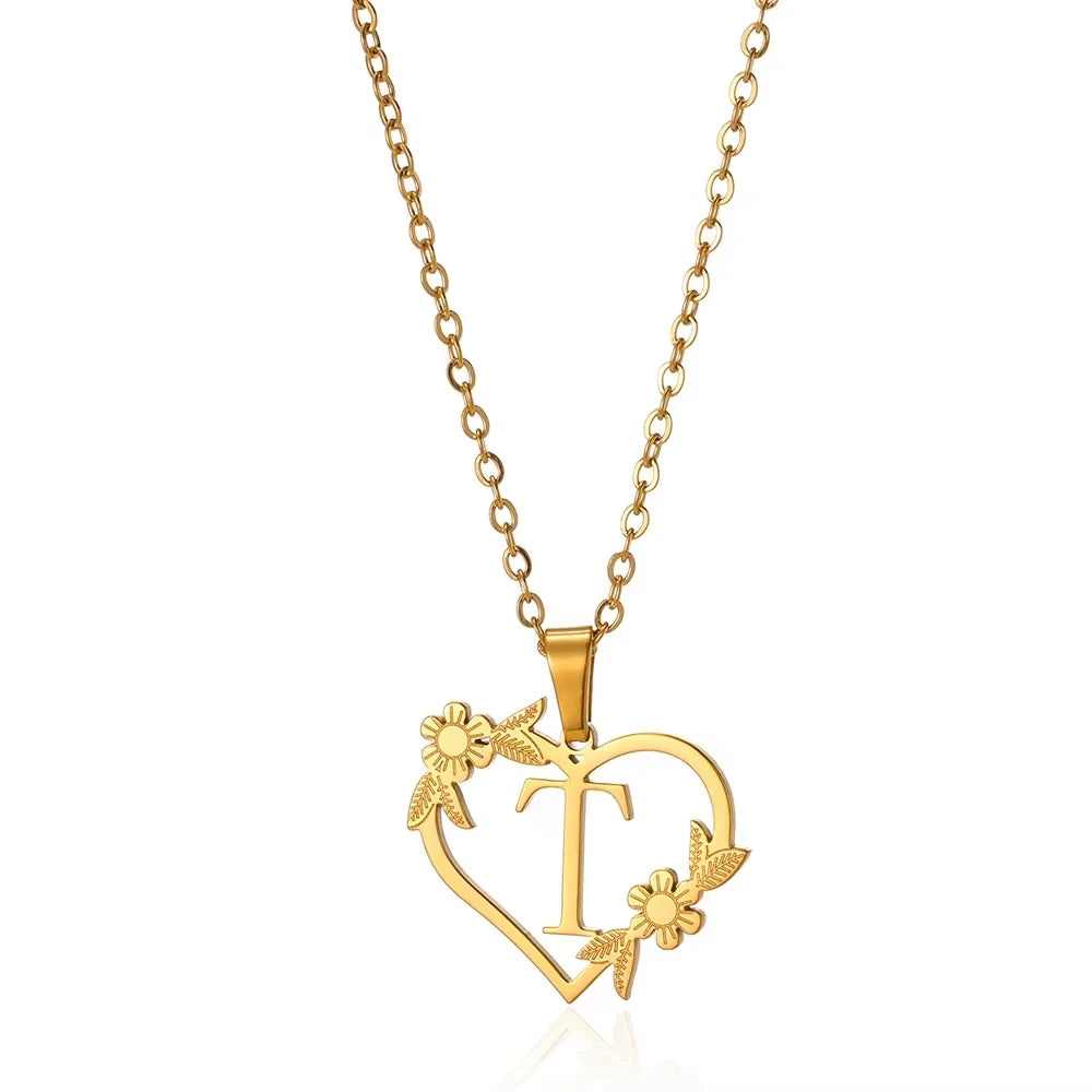 Personalisierte Herz-Kette mit Blumen & Initialen