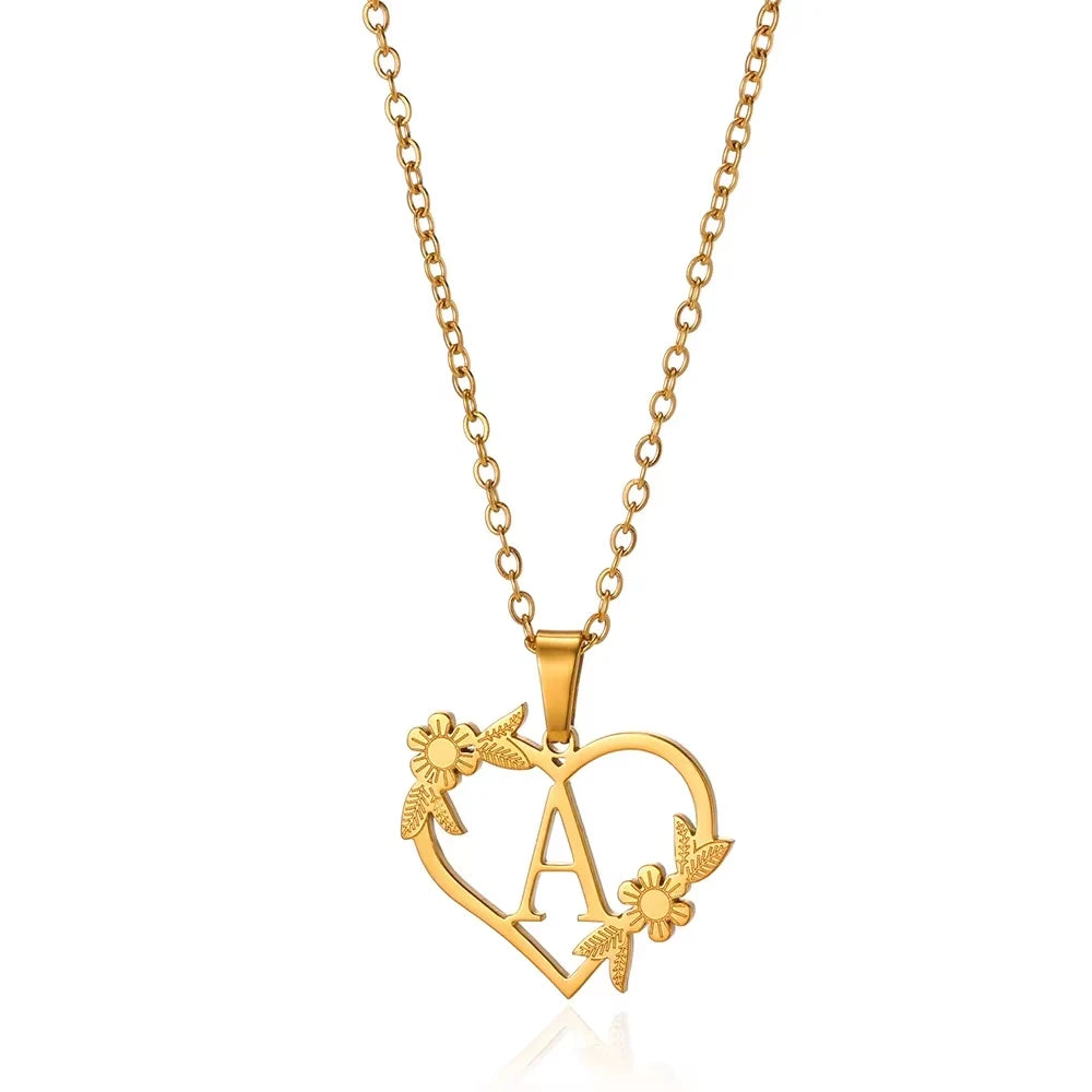Personalisierte Herz-Kette mit Blumen & Initialen