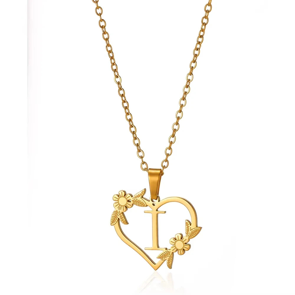 Personalisierte Herz-Kette mit Blumen & Initialen