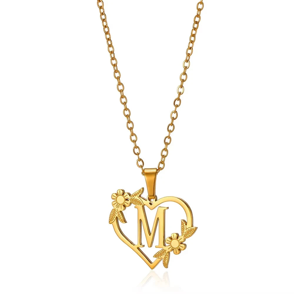 Personalisierte Herz-Kette mit Blumen & Initialen