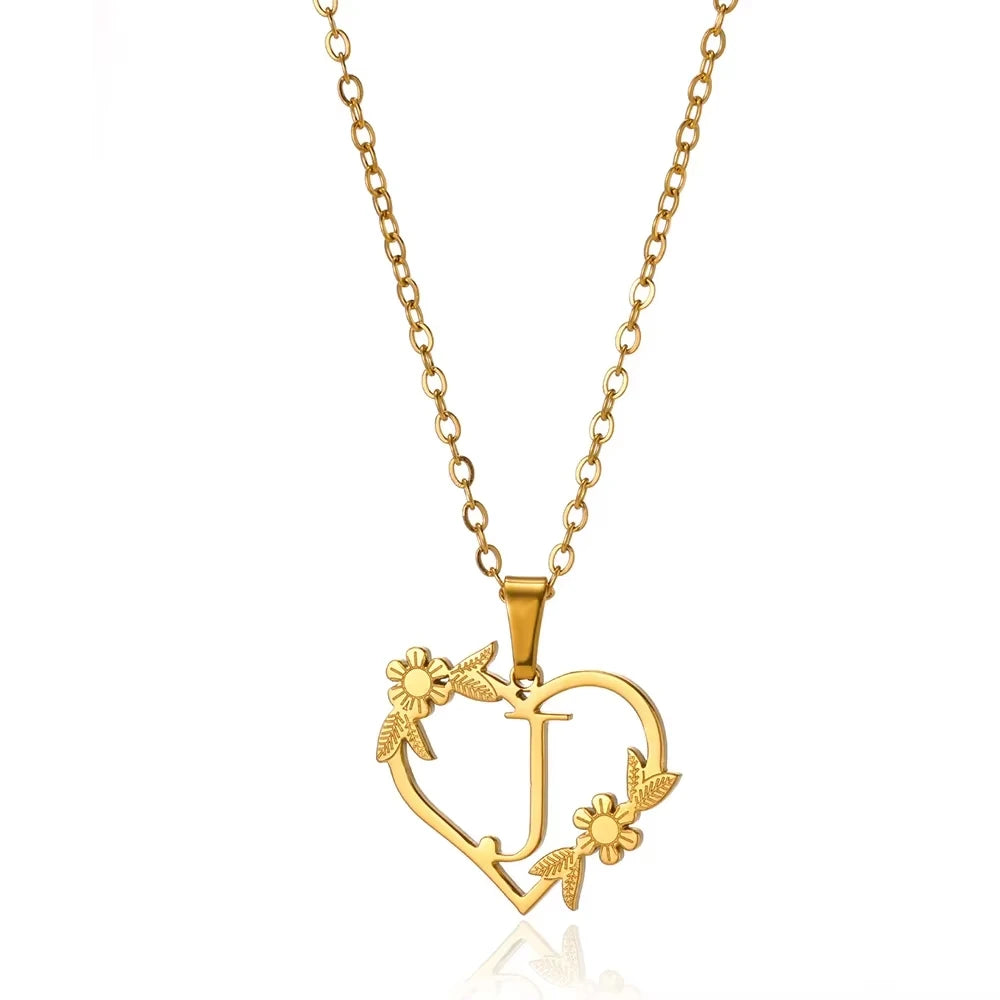 Personalisierte Herz-Kette mit Blumen & Initialen