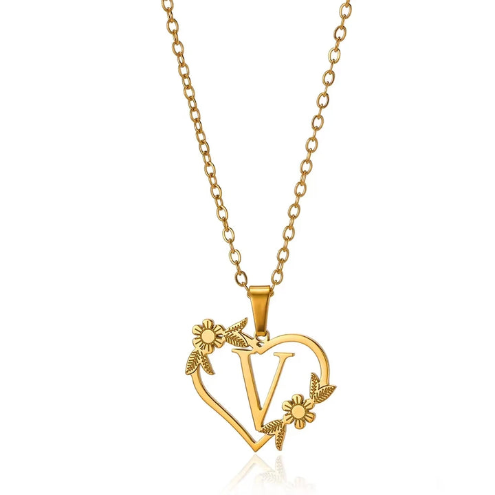 Personalisierte Herz-Kette mit Blumen & Initialen
