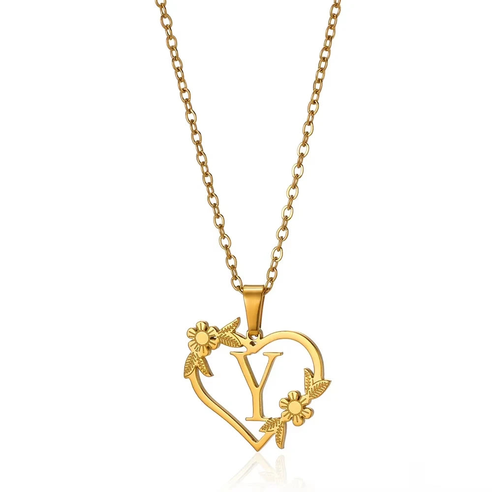 Personalisierte Herz-Kette mit Blumen & Initialen