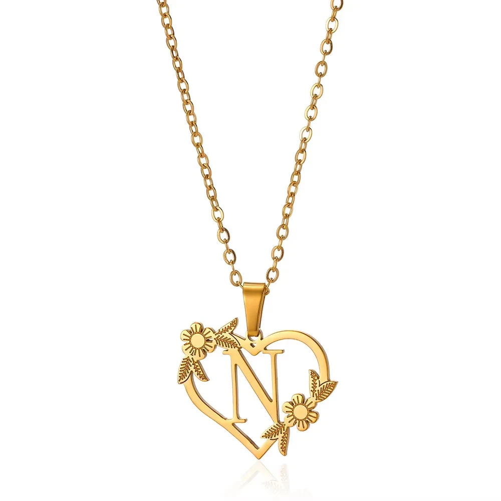 Personalisierte Herz-Kette mit Blumen & Initialen