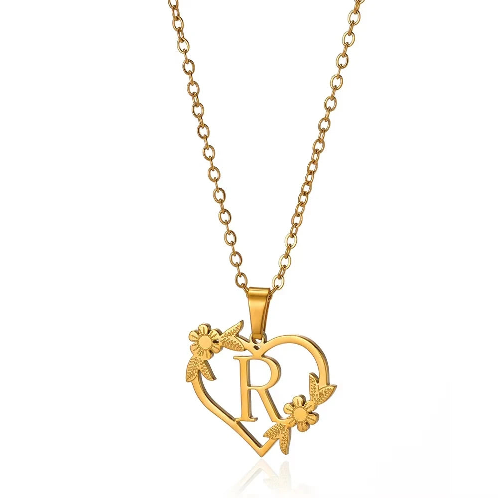 Personalisierte Herz-Kette mit Blumen & Initialen