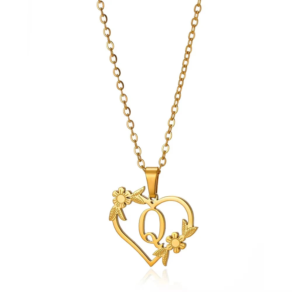 Personalisierte Herz-Kette mit Blumen & Initialen