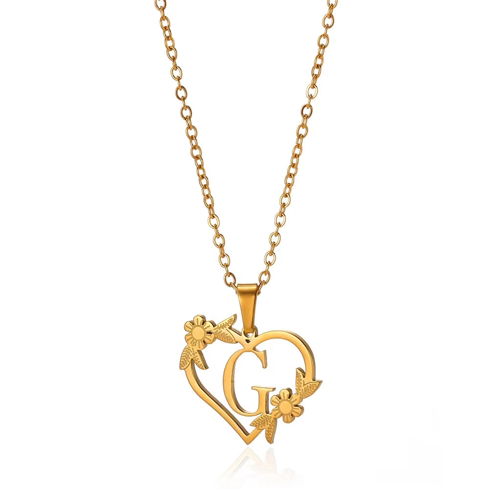 Personalisierte Herz-Kette mit Blumen & Initialen